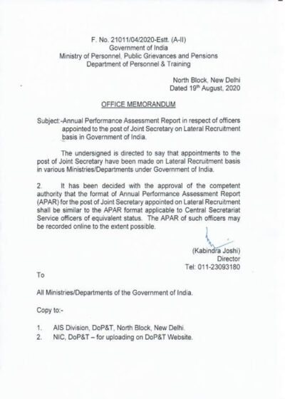 DOPT O.M. – Format Of APAR In Respect Of Officers Appointed To The Post ...