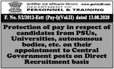 DoPT: Protection Of Pay In R/o Candidates From PSUs, Universities ...