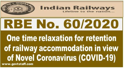 RBE No. 60/2020: One time relaxation for retention of railway accommodation in view of Novel Coronavirus (COVID-19)