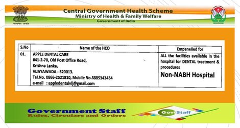 Continuous Empanelment of APPLE DENTAL CARE as Health Care Organizations (HCO) w.e.f 28 Oct 2020 – CGHS Hyderabad