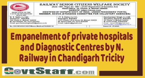Empanelment of private hospitals and Diagnostic Centres by N. Railway in Chandigarh Tricity – RSCWS writes to DRM, NR