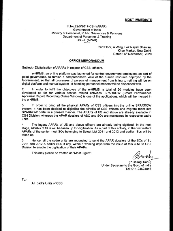Digitalisation of APARs in respect of CSS officers: DoPT Order dated 06.11.2020
