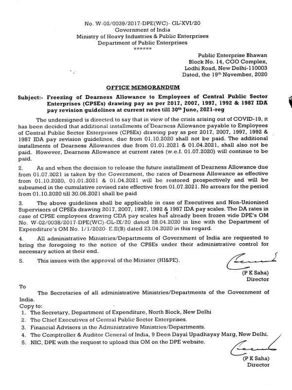 DPE guidelines on Freezing of Dearness Allowance applicable to Executives and Non-Unionised Supervisors of CPSEs drawing 2017, 2007, 1997, 1992 & 1987 IDA pay scales