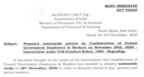 Nationawide Strike by Confederation of Central Government Employees & Workers – Instruction under CCS (Conduct Rules), 1964 – reg.