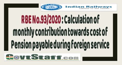 RBE No.93/2020 : Calculation of monthly contribution towards cost of Pension payable during foreign service – Railway Board