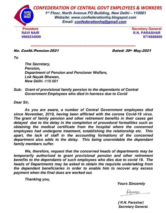 Provisional family pension to the dependents of CG employees who died in harness due to covid: Confederation writes to DoPPW