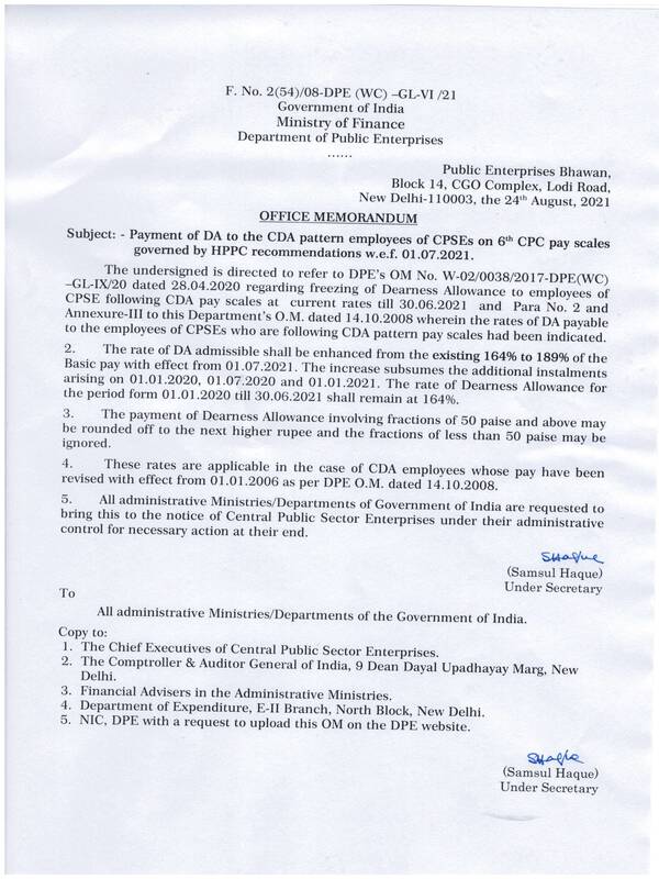 Dearness Allowance @ 189% wef 01.07.2021 to the CDA pattern employees of CPSEs on 6th CPC pay scales