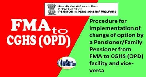 Procedure for implementation of change of option by a Pensioner/Family Pensioner from FMA to CGHS (OPD) facility and vice-versa: DoP&PW OM dated 23.03.2022