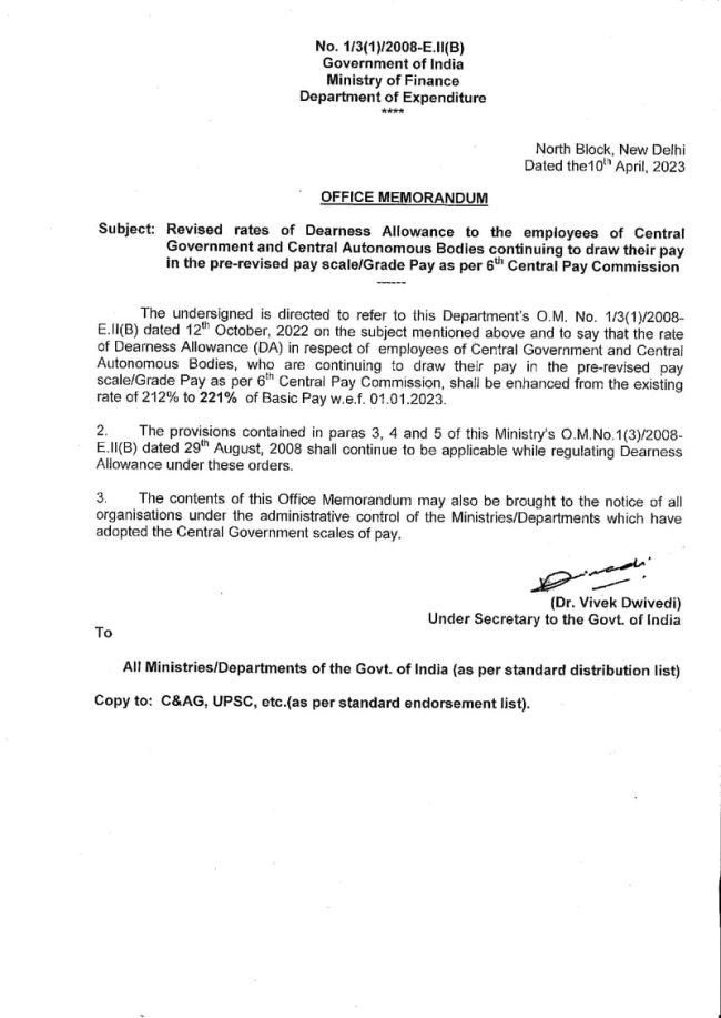 6th CPC Dearness Allowance From Jan-2023 @ 221% For CABs Employees ...