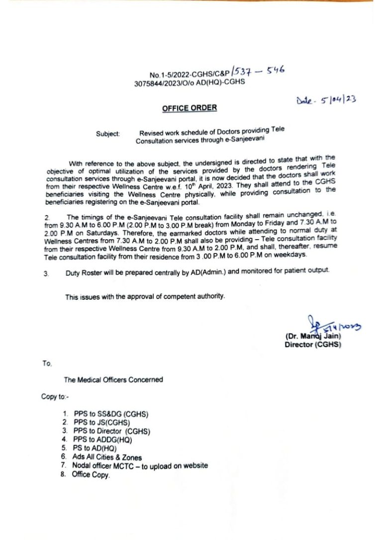 Tele Consultation services through e-Sanjeevani - Revised work schedule ...