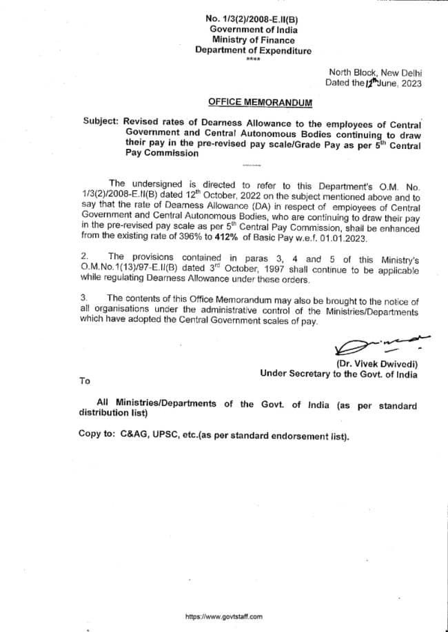 5th CPC Dearness Allowance @ 412% - Rates Revised W.e.f. 01.01.2023 ...