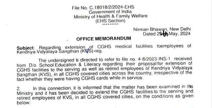 Extension of CGHS medical facilities to Kendriya Vidyalaya (KVS) employees: MoH&FW O.M.