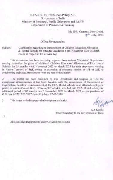 re-imbursement of Children Education Allowance & Hostel Subsidy for extended Academic Year (November 2022 to March 2023) in respect of UT of J&K