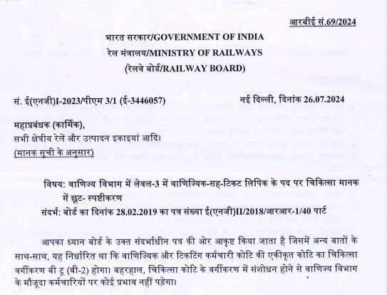 Relaxation in the medical standard to the post of Commercial-cum-Ticket Clerk in Level-3 in Commercial Department – Railway Board Clarification vide RBE No. 69/2024