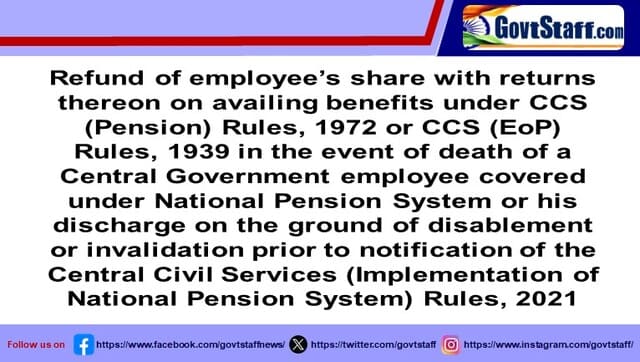 Refund of Employee’s share on availing benefits under CCS (Pension) Rules, 1972 or CCS (EoP) Rules, 1939 in case of Death or Disability or Invalidation: DoPPW O.M. dated 14-10-2024