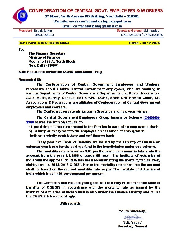 Request to revise the CGEIS calculation for Central Government employees considering updated mortality rates : Confederation writes to Finance Secretary, FinMin