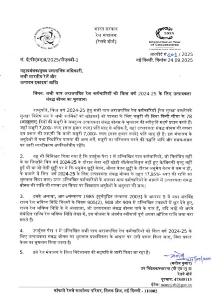 Payment of Productivity Linked Bonus (PLB) to all eligible non-gazetted Railway employees for the financial year 2024-25: RBE No. 101/2025 2 1758717747720-24.09.2025_PLB-for-F.Y.-2024-25