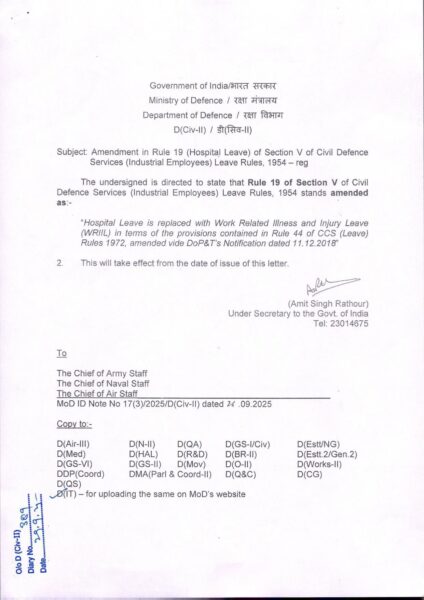 Amendment in Rule 19 (Hospital Leave) of Section V of Civil Defence Services (Industrial Employees) Leave Rules, 1954 2 Amendment in Rule 19 (Hospital Leave) of Section V of Civil Defence Services (Industrial Employees) Leave Rules, 1954