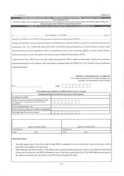 option-for-unified-pension-scheme-ups-central-government-employees-on-deputation-foreign-service-to-submit-physical-form-a2-pfrda-circular-dated-24-09-2025