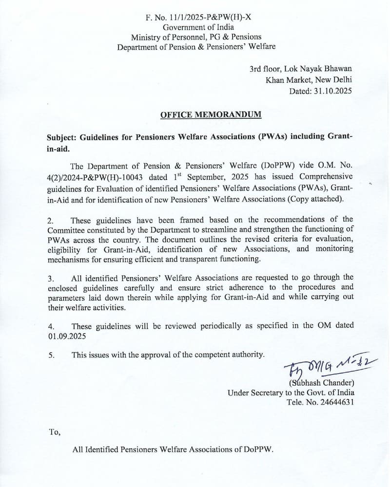 Guidelines for Pensioners Welfare Associations (PWAs) including Grant-in-aid - DoPPW O.M. dated 31.10.2025 2 guidelines-for-pensioners-welfare-associations-pwas-including-grant-in-aid