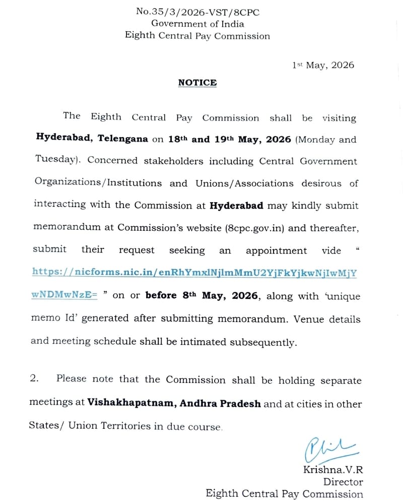 8th Central Pay Commission Hyderabad visit: Unions and Stakeholders from Hyderabad/Telangana to book an Appointment by May 8 2 8th-central-pay-commission-notice-hyderabad-visit