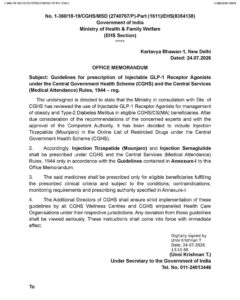 Prescription of Injectable GLP-1 Receptor Agonists under the Central Government Health Scheme (CGHS) and the Central Services (Medical Attendance) Rules, 1944 - Guidelines by MoH&FW O.M. dated 24.07.2026 2 CGHS-Guidelines-for-prescription-of-Injectable-GLP-1-Receptor-Agonists