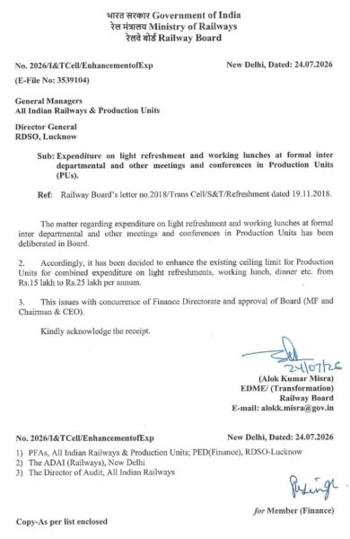 Railway Board enhances annual ceiling for light refreshment and working lunch expenses from Rs.15 lakh to Rs.25 lakh in Production Units - Board's order dated 24.07.2026 2 Enhancement of exp limit on lunch, dinner, etc_ for PUs-reg_RB letter dated 24_07_2026