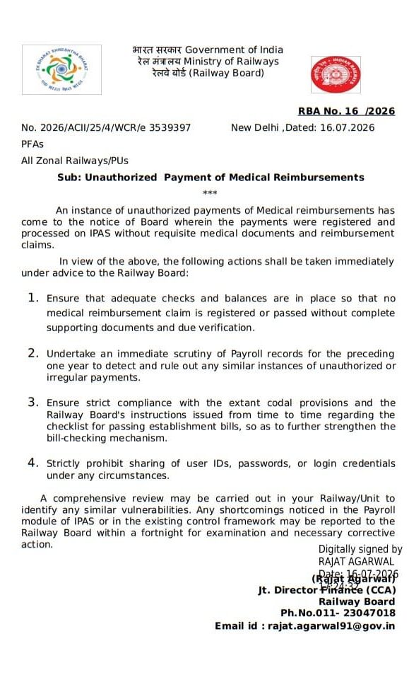 Unauthorized Payment of Medical Reimbursements: Railway Board RBA No.16/2026 2 RBA No_16 of 2026