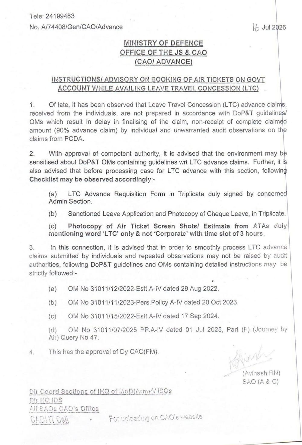 Instructions/Advisory on Booking of Air Tickets on Govt. Account while availing Leave Travel Concession (LTC) - Ministry of Defence 2 air ticket booking instructions advisory leave travel concession ltc