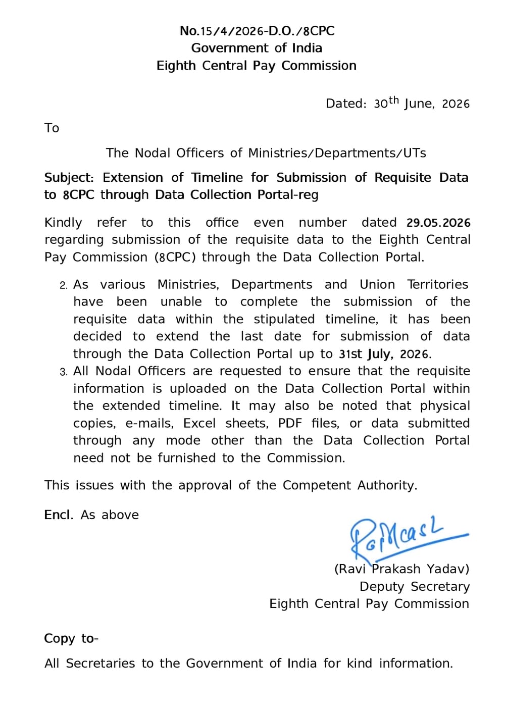 Timeline for Submission of Requisite Data to 8th CPC through Data Collection Portal extended upto 31.07.2026: 8th CPC Order dated 30.06.2026 1 timeline-submission-data-8th-cpc-data-collection-portal-extended